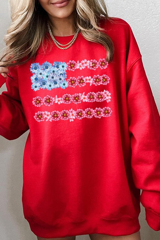 Flower USA Flag Graphic Fleece Sweatshirts