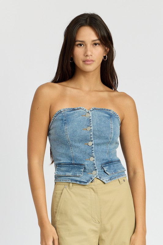 BUTTON FRONT DENIM BUSTIER TOP