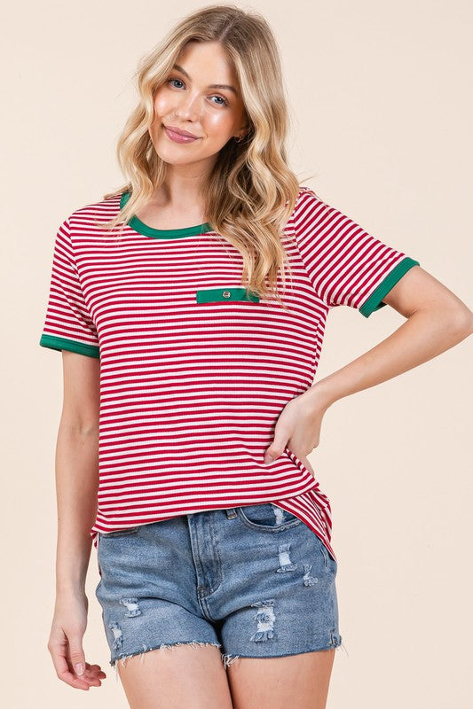 Stripe Ribbed T Shirt with Contrast Binding