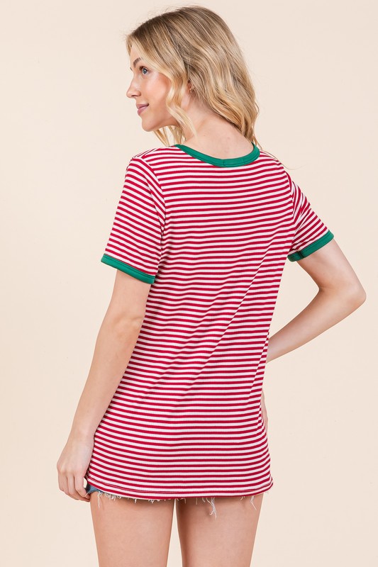 Stripe Ribbed T Shirt with Contrast Binding