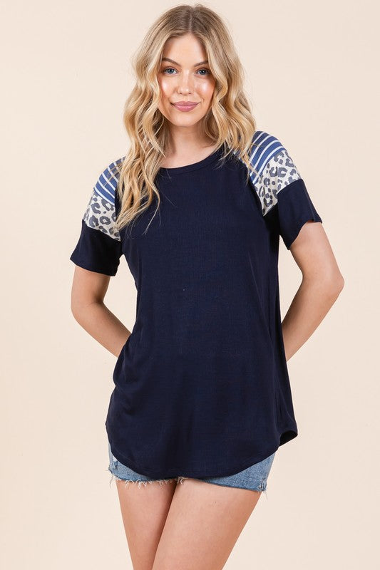 Contrasted Sleeve Ribbed Jersey Top