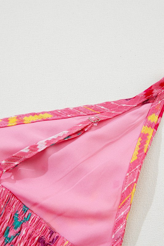 Pink Tribal Tassel Tie V Neck Surplice Maxi Dress