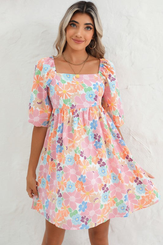 Square neck bubble puff sleeve floral coral dress