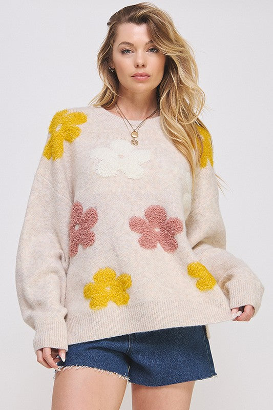 OVERSIZED LONG SLEEVE FLORAL GRAPHIC KNIT SWEATER