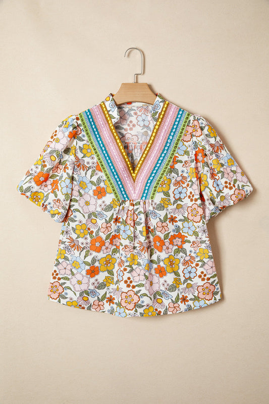 Boho Floral Crochet V-Neck Puff Sleeve Blouse