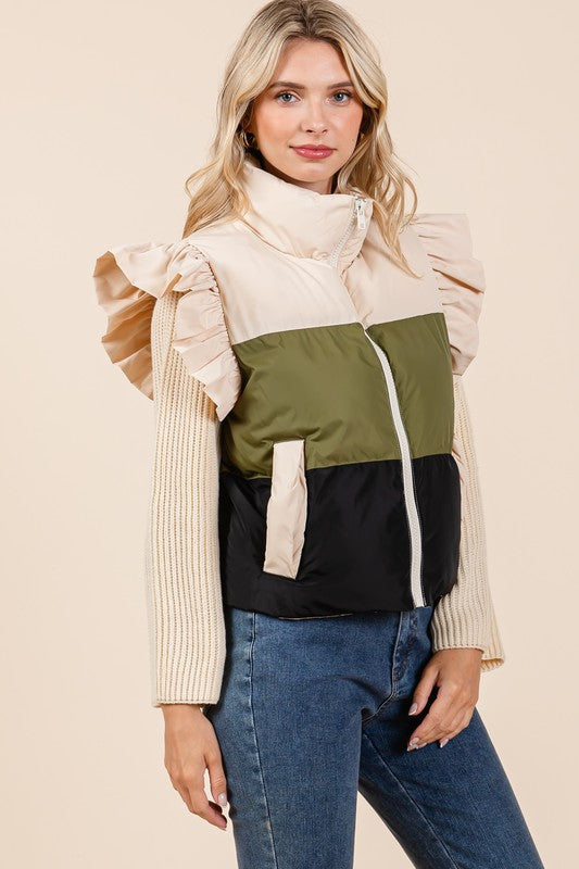 Color Block Ruffle Trim Puffer Vest