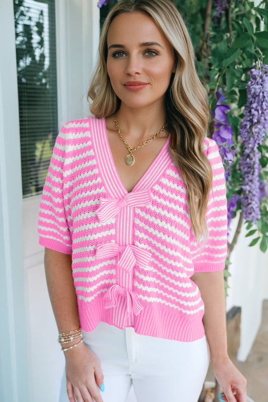 Stripe Bow Tie V-Neck Short Sleeve Sweater