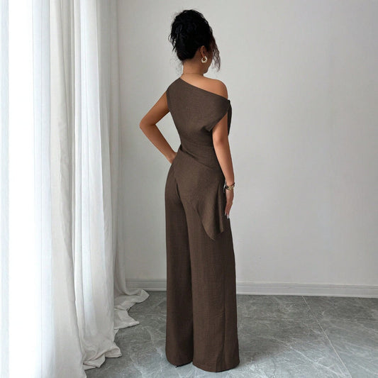 One-Shoulder Asymmetric Top & Wide-Leg Pants 2-Piece Set – Women's Elegant Co-ord Suit