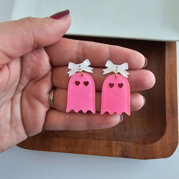 Bow Ghost Earrings - Pink Glitter