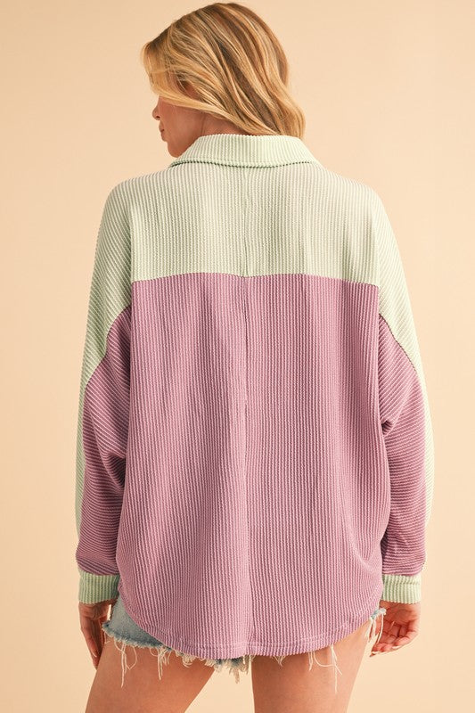 Color Block Crinkle Rib Buttoned Oversized Shirt