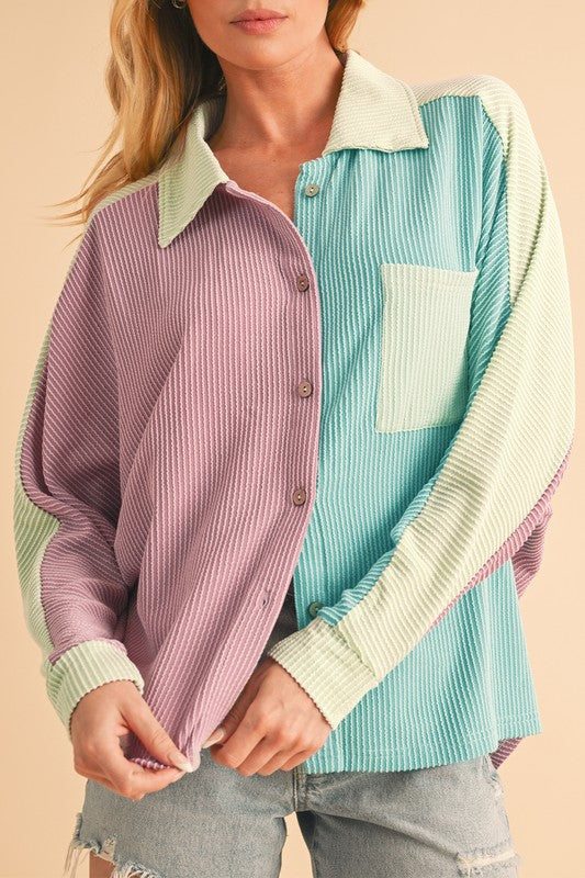 Color Block Crinkle Rib Buttoned Oversized Shirt