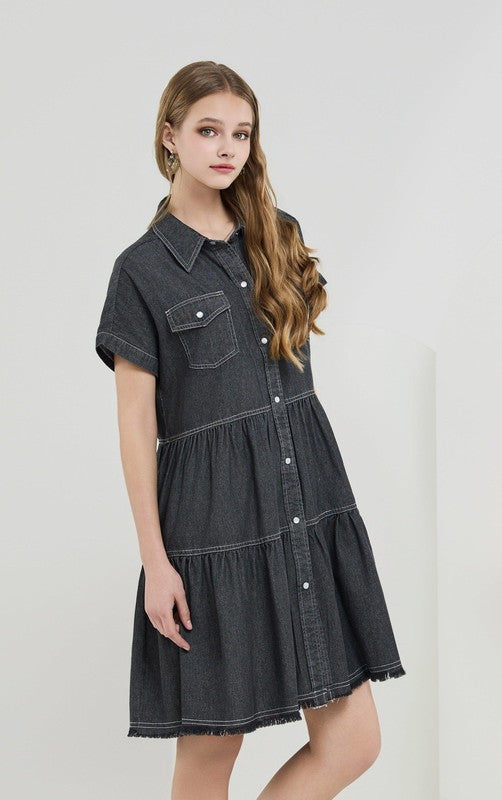 Plus Buttondown Tiered Babydoll Denim Shirt Dress – Everyday Style