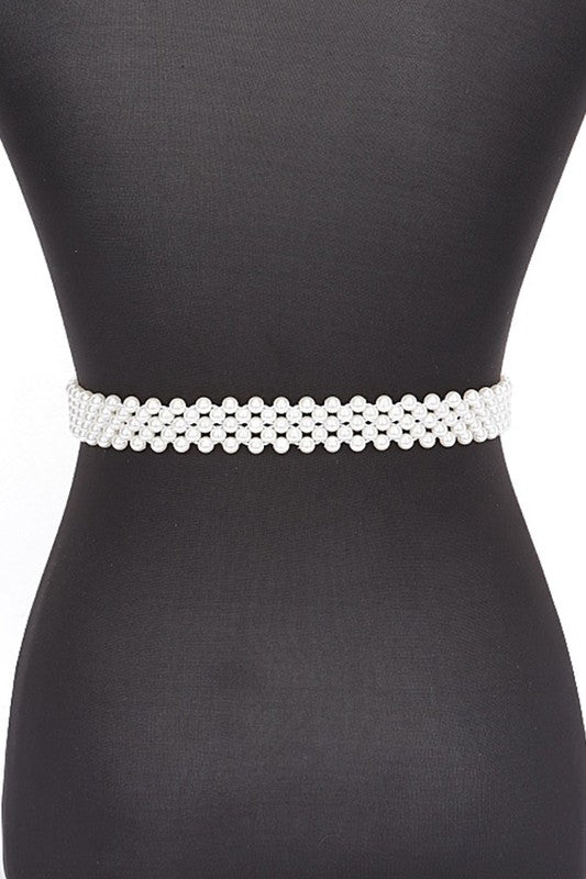Camellia Rose Flower Ribbon Pearl Stretch Belt | Modern Boutique Fashion