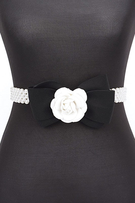 Camellia Rose Flower Ribbon Pearl Stretch Belt | Modern Boutique Fashion