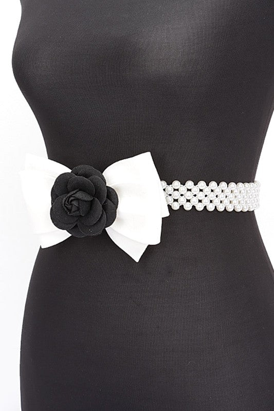 Camellia Rose Flower Ribbon Pearl Stretch Belt | Modern Boutique Fashion
