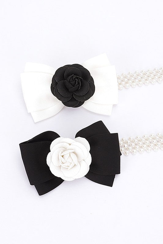 Camellia Rose Flower Ribbon Pearl Stretch Belt | Modern Boutique Fashion