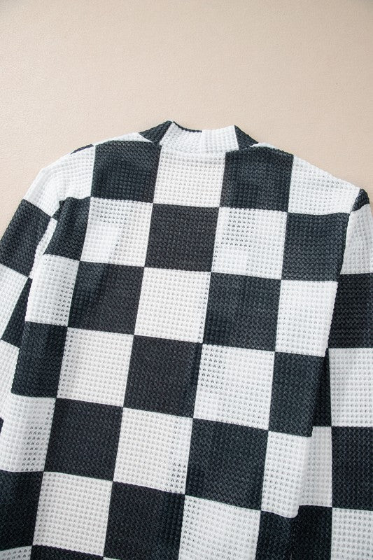 Checkered Waffle Knit Thumbhole Open Cardigan