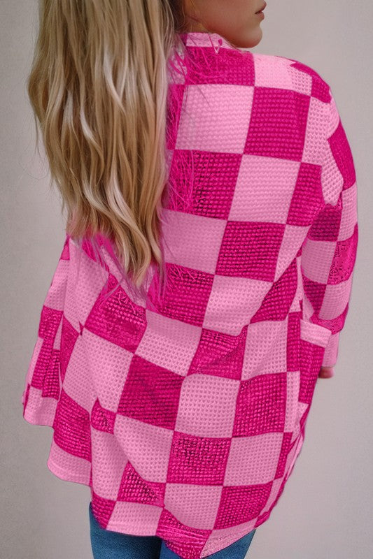 Checkered Waffle Knit Thumbhole Open Cardigan