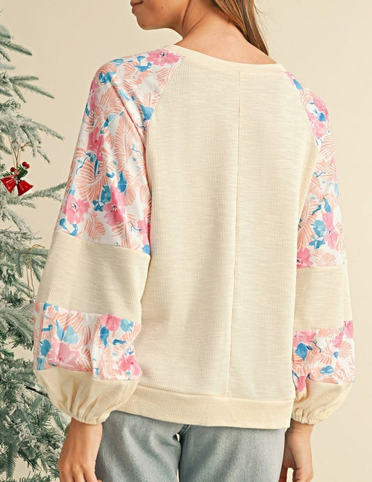 Cotton Ribbed Floral Stitch Balloon Pull Over | Modern Boutique Fashion
