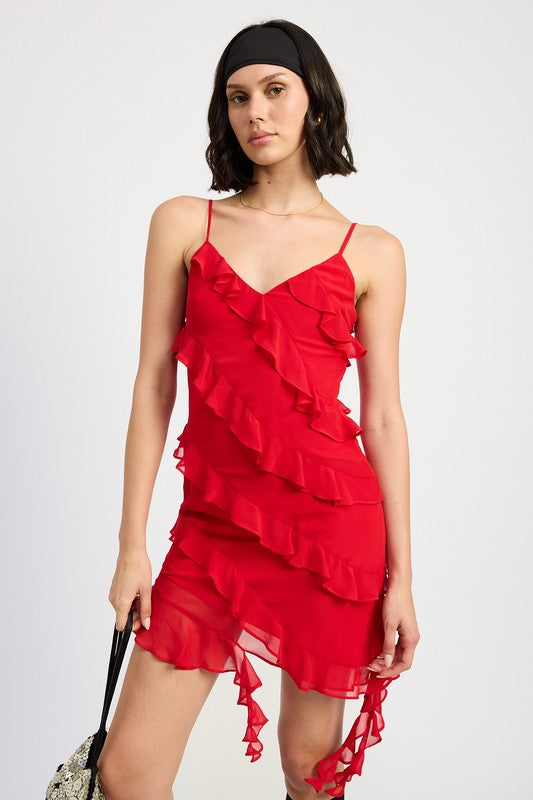 ASYMMETRICAL RUFFLE MINI DRESS