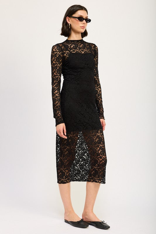 MOCK NECK MIDI LACE DRESS