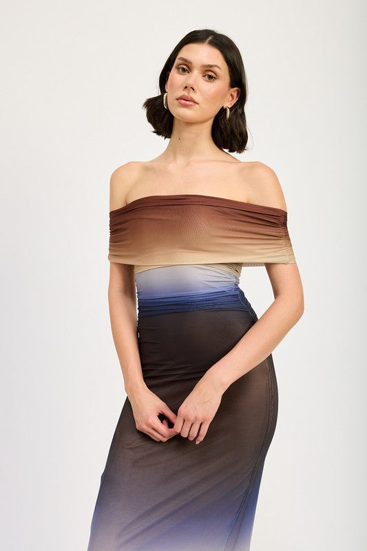 OFF SHOULDER OMBRE MIDI DRESS