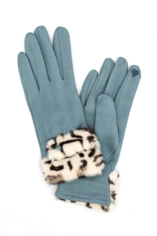 Leopard Printed Fur Trim Sueded Smart Gloves