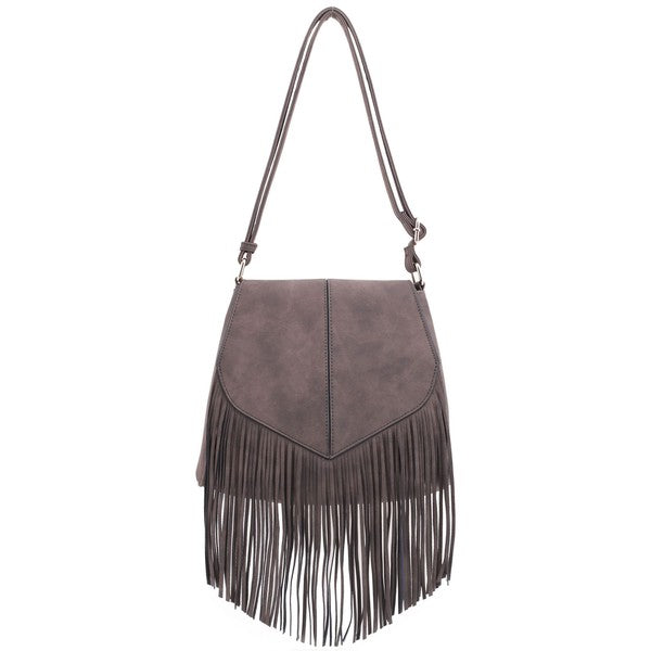 Faux Suede Fringe Flap Crossbody Bag