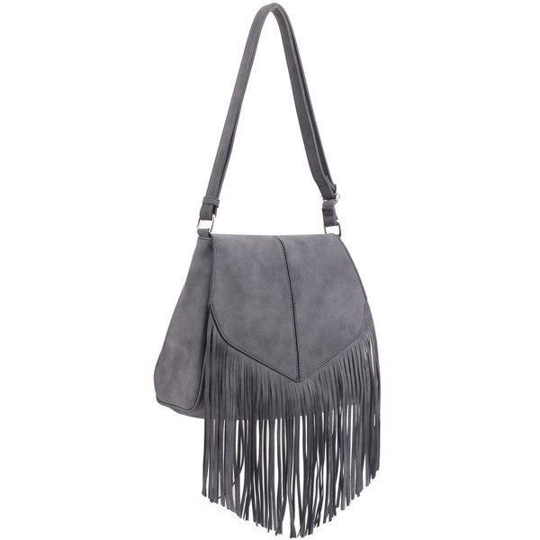 Faux Suede Fringe Flap Crossbody Bag