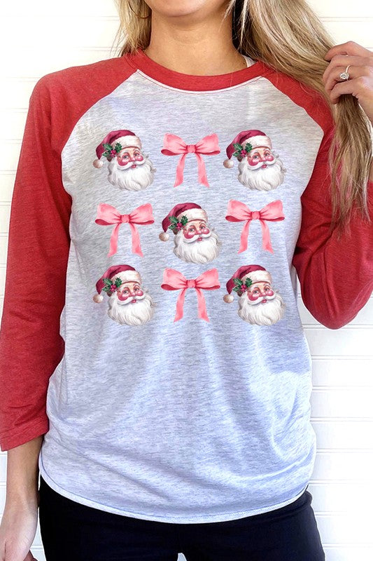 Christmas Santa Pink Bow Holiday Raglan Top