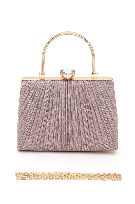 Diamond Clasp Top Handle Pleated Box Clutch