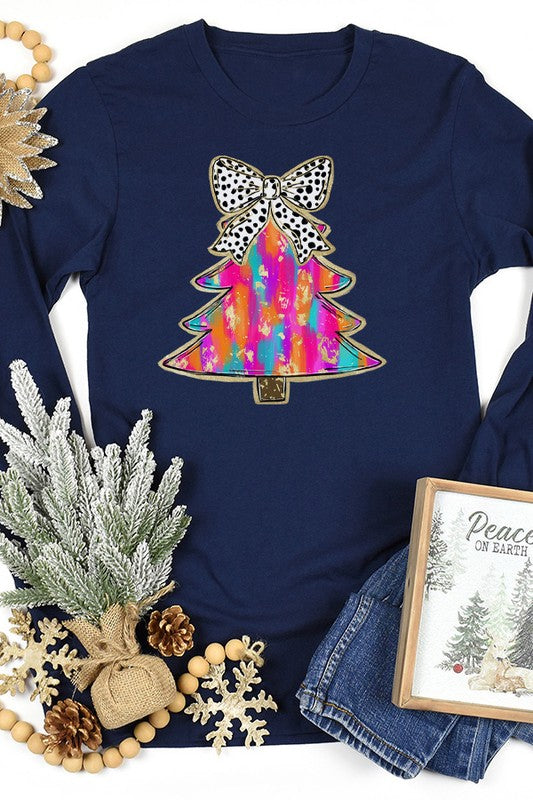 Christmas Colorful Tree Bow Long Sleeve Top