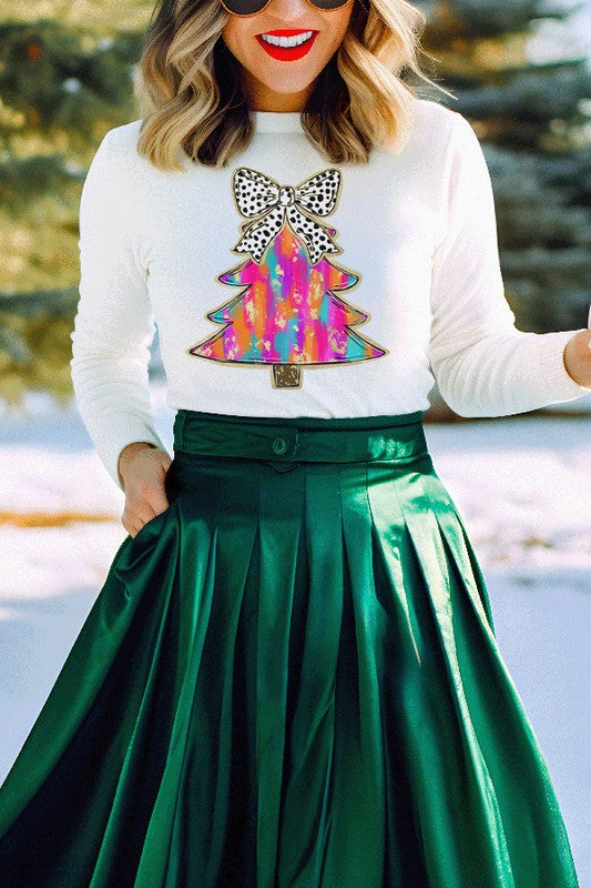 Christmas Colorful Tree Bow Long Sleeve Top