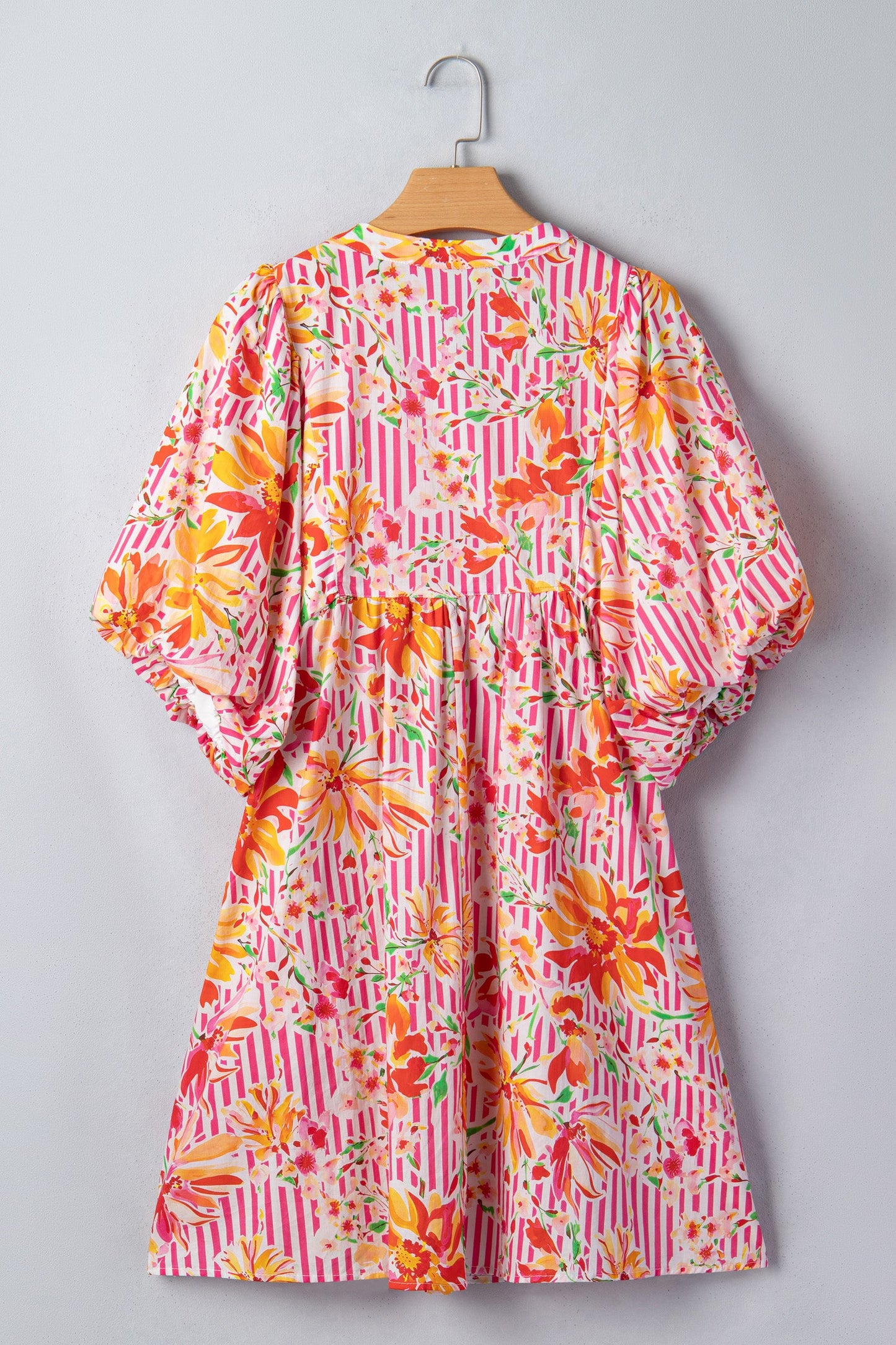 Floral Stripe Tie Neck Puff Sleeve Mini Dress