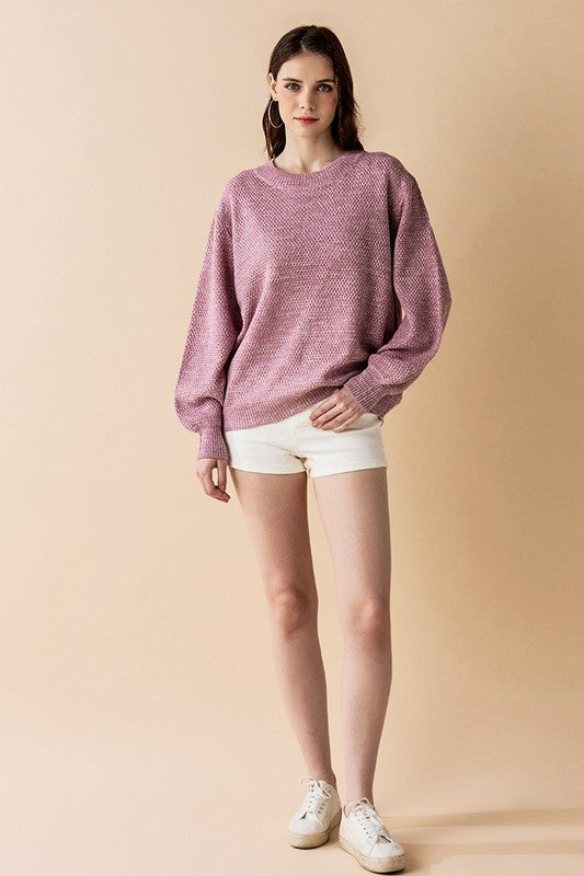 Plus Round Neck Balloon Sleeve Heathered Sweater