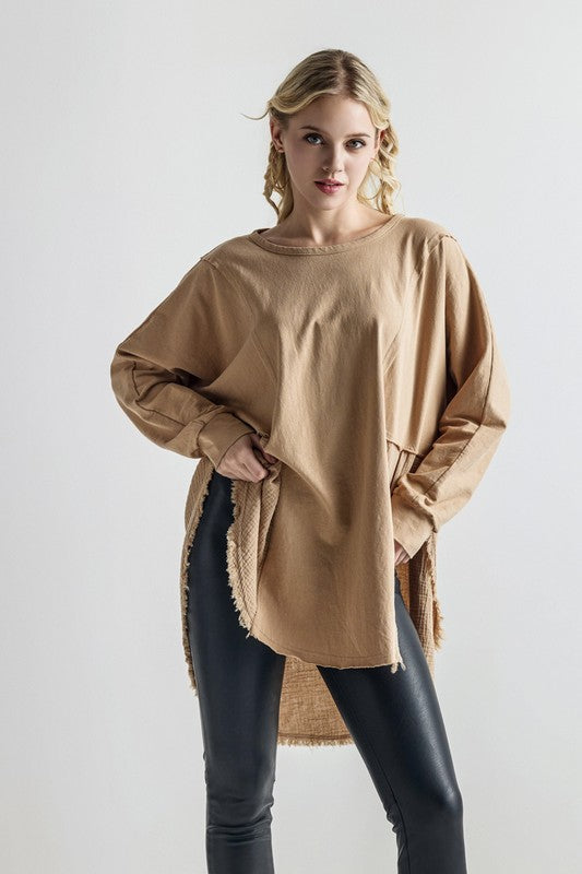 PLUS COMFY OVERSIZED ROUND SIDE SLIT CONTRAST TOP | MODERN EMPORIUM - Modern Emporium Boutique