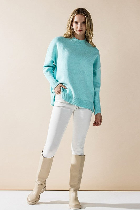Plus Mock Neck Balloon Sleeve Side Slit Sweater