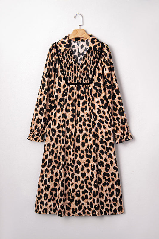 Leopard Smocked V-Neck Flowy Midi Dress