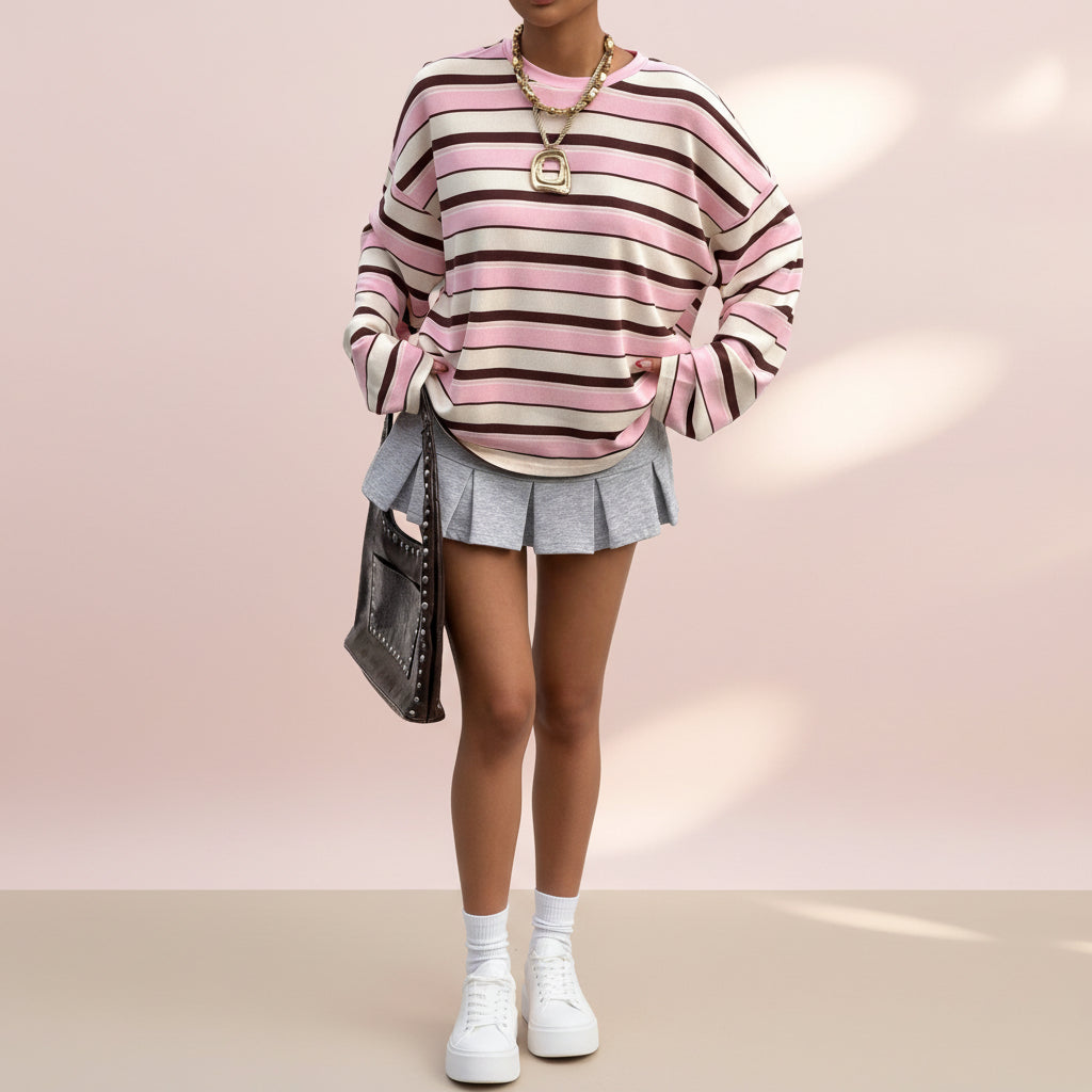 Women's Striped Oversized Pullover Sweatshirt – Round Neck Long Sleeve Top