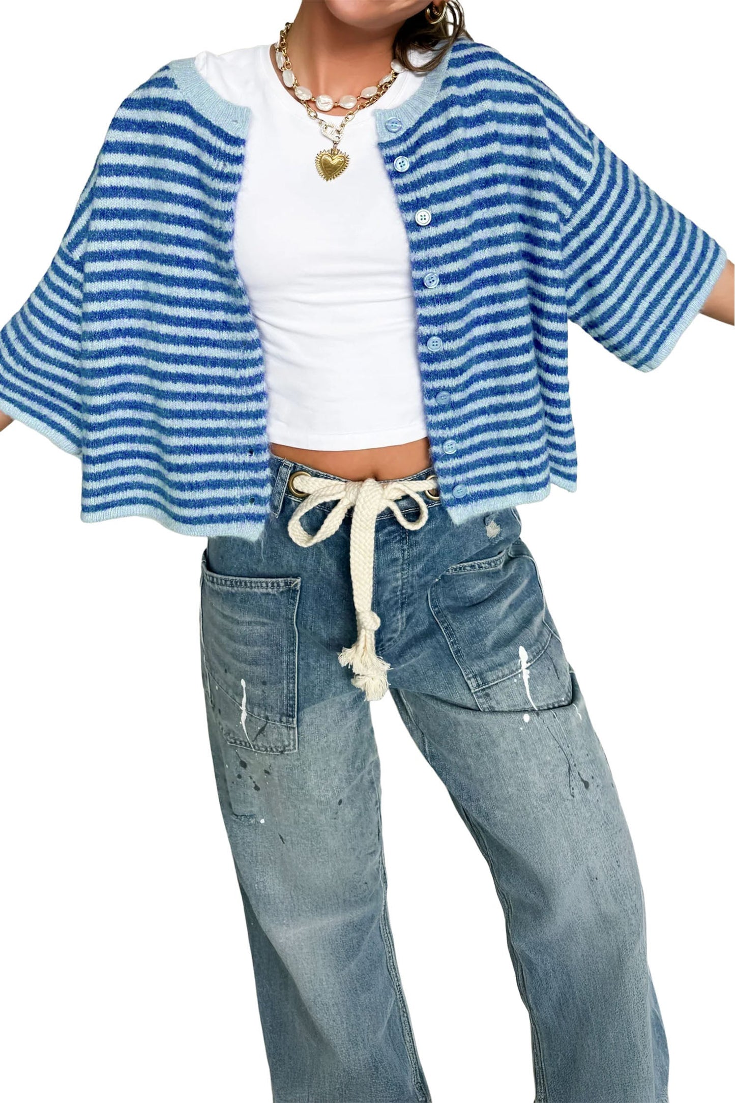 Stripe 3/4 Sleeve Button Down Knit Cardigan