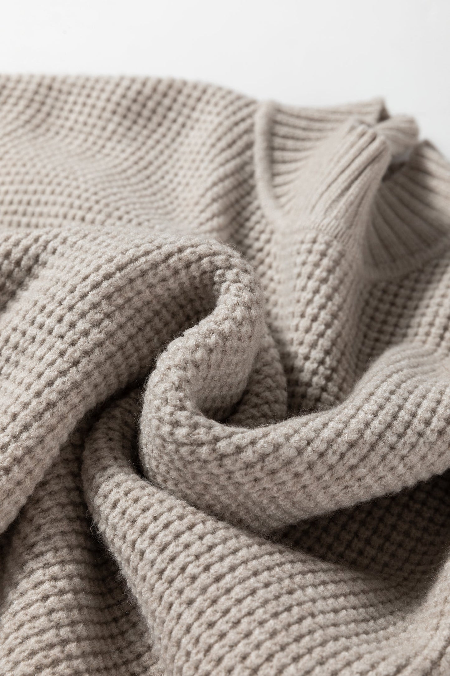 Waffle Knit Ribbed High Neck Drop Shoulder Sweater