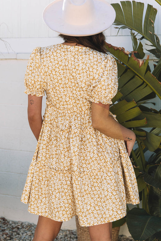 Floral V-Neck Short Sleeve Tiered Mini Dress
