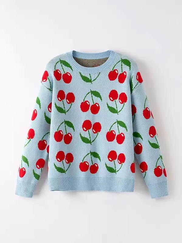 Cherry Pattern Knit Sweater - Blue Multi – women's boutique fashion
