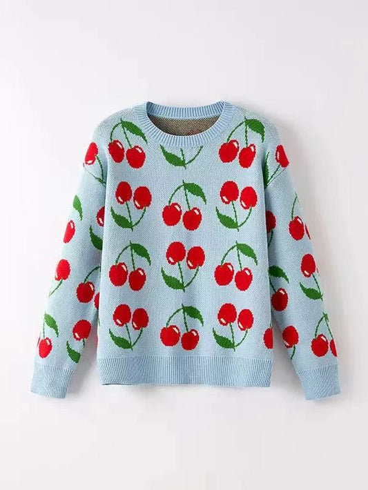 Cherry Pattern Knit Sweater - Blue Multi – women's boutique fashion