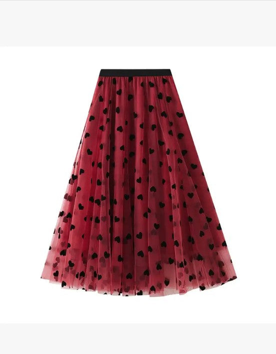 Heart Print Tulle Midi Skirt - Red – women's boutique fashion