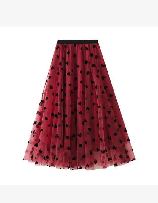 Heart Print Tulle Midi Skirt - Red – women's boutique fashion