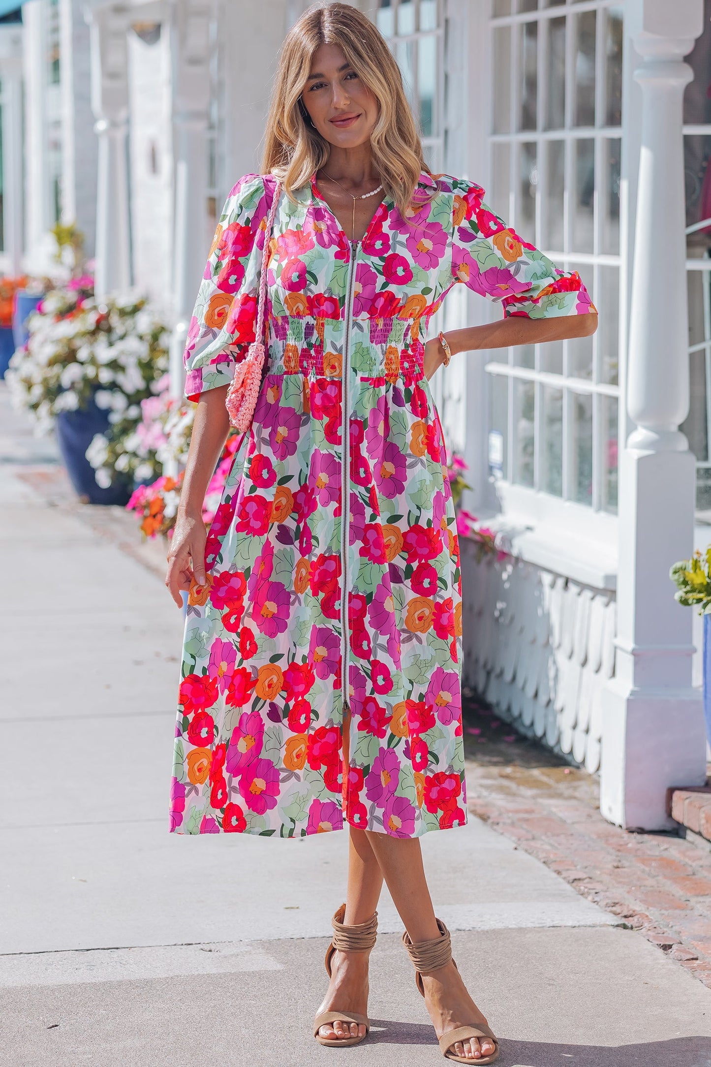 Floral Zip-Up V-Neck Short Puff Sleeve Dress