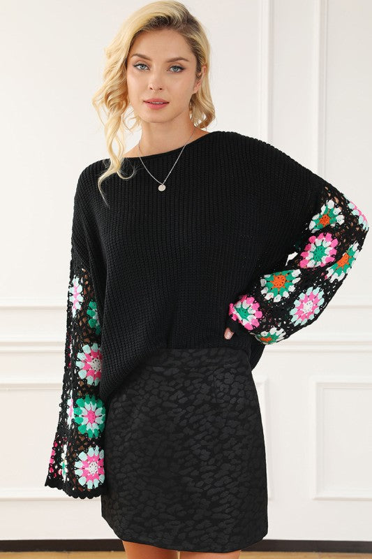 BLACK FLORAL CROCHET BELL SLEEVE LOOSE SWEATER | MODERN EMPORIUM - Modern Emporium Boutique