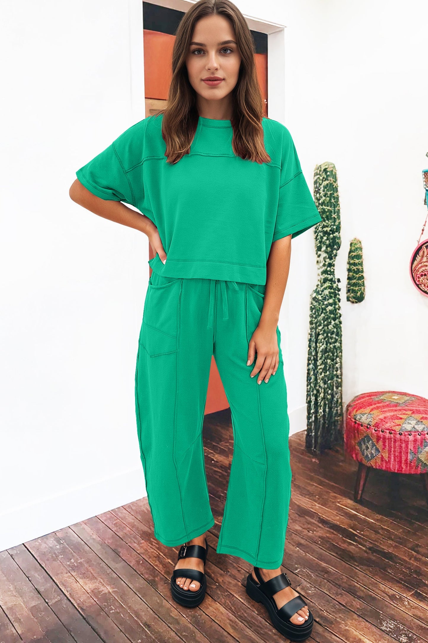 Solid Drop Shoulder Boxy Tee & Barrel Pants Set