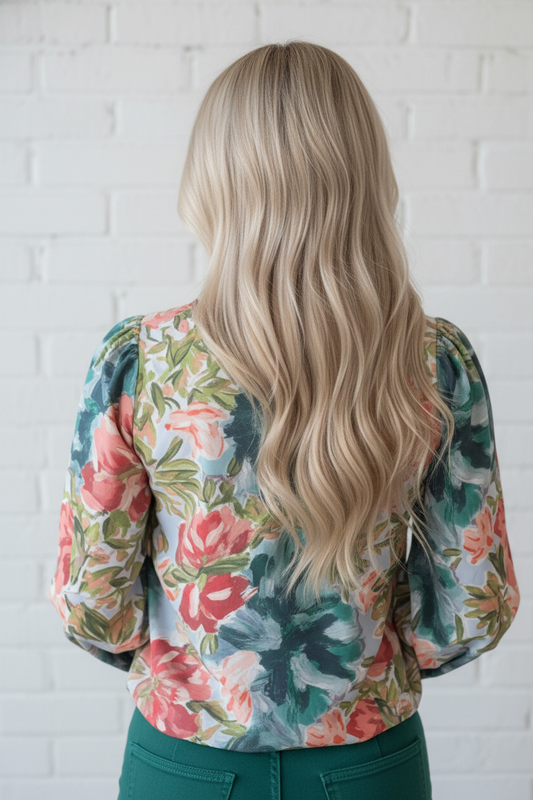 Floral Contrast Trim V-Neck Cuffed 3/4 Sleeve Blouse